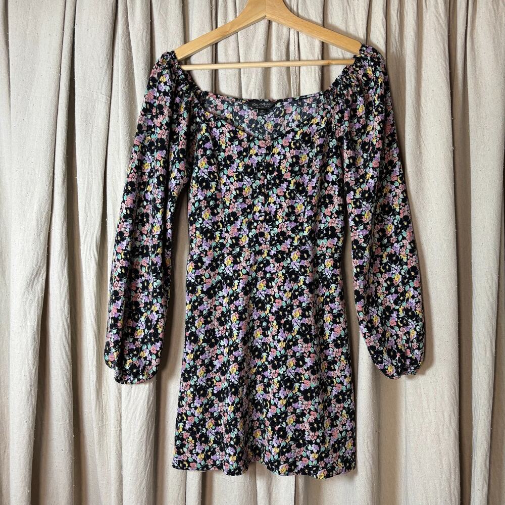 Miss Selfridge Womens Floral Long Sleeve Mini Dress Black Pink US 4 18S61ABLK